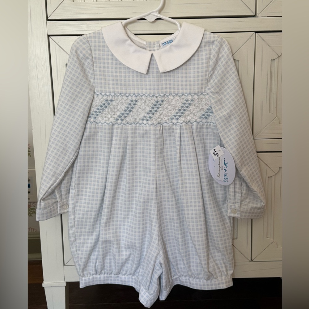Luli & Me boys blue smocked long sleeve shortall size 4T